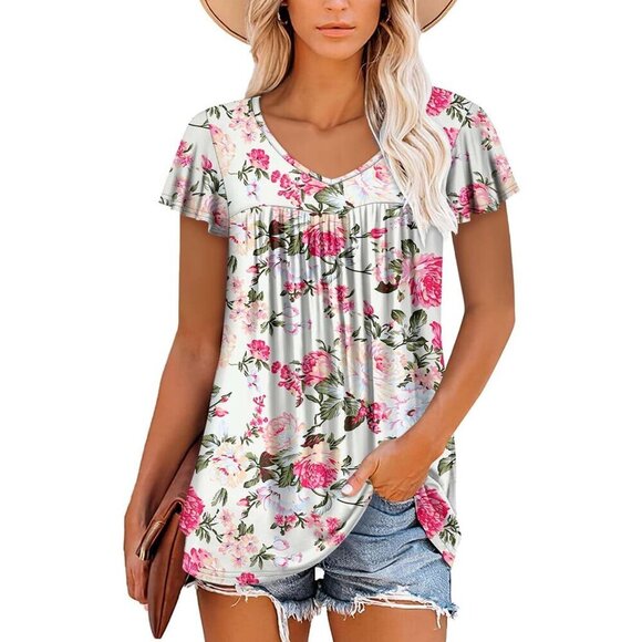 Womens Ruffle Sleeve Tunic Top V Neck Loose Fit Summer Shirt 95% Rayon - Picture 2 of 4